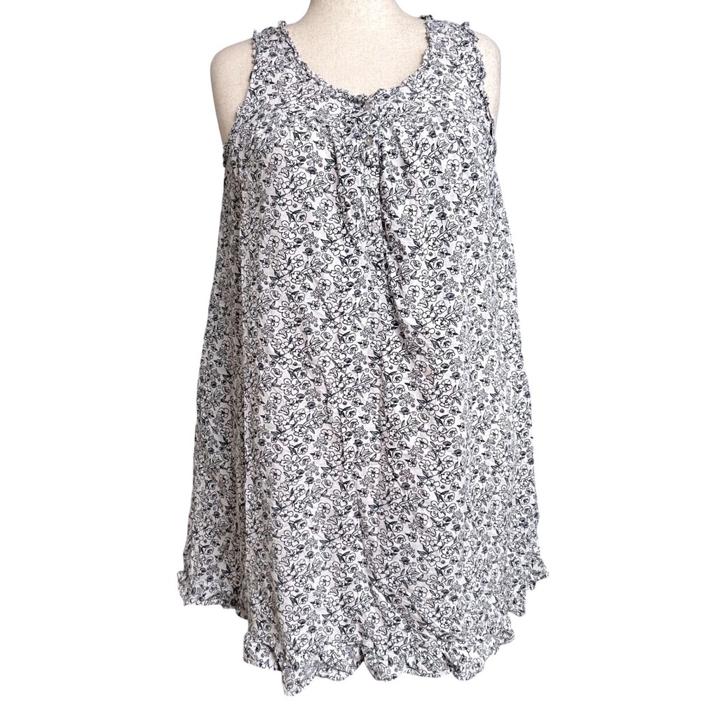 Adonna Floral Nightgown Womens Large White Blue Cotton Sleeveless Cottagecore